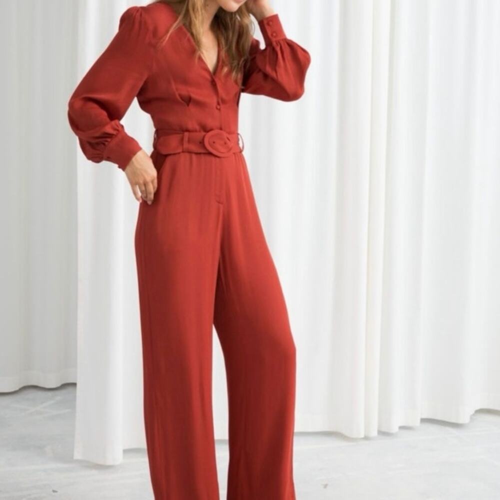 & Other Stories Flare Leg Lightweight Jumpsuit Outing Rust Red Sz 2